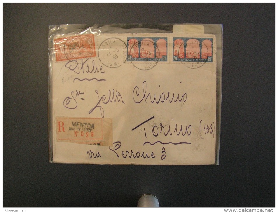 2scans Registered Letter From Menton To Italie 1930 CENTENAIRE ALGERIE Cover France Francia Bolli Ventimiglia Torino - Storia Postale