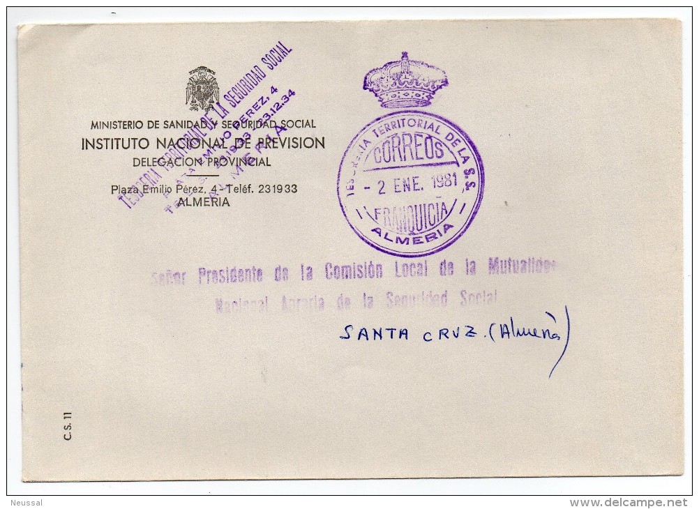 Carta Con Matasello Tesoreria Territorial De La S.S (almeria) - Postage Free