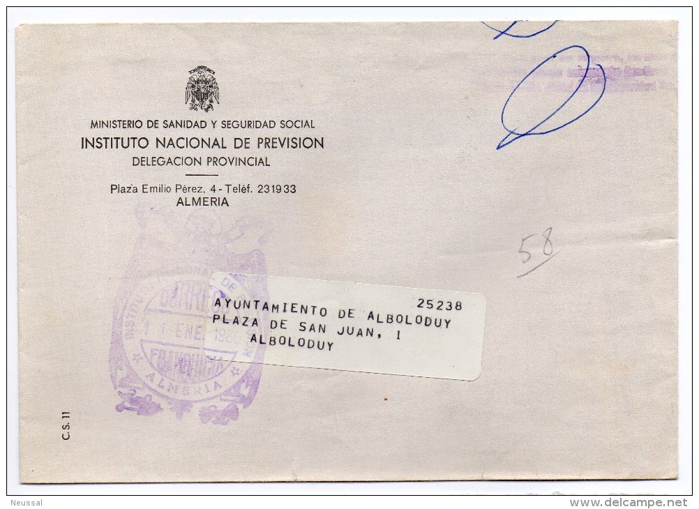 Carta Con Matasello Instituto Nacional De Prevision  (almeria) - Postage Free