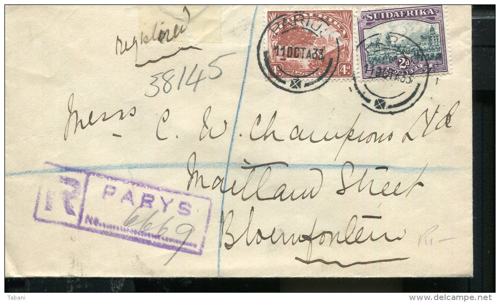 SOUTH AFRICA 1933 MIXED FRANKING COVER PARYS TO BLOEMFONTEIN - Briefe U. Dokumente