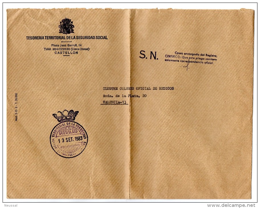 Carta Con Matasello Tesoreria Territorial De Sanidad Y Seguridad Social (Castellon) - Postage Free