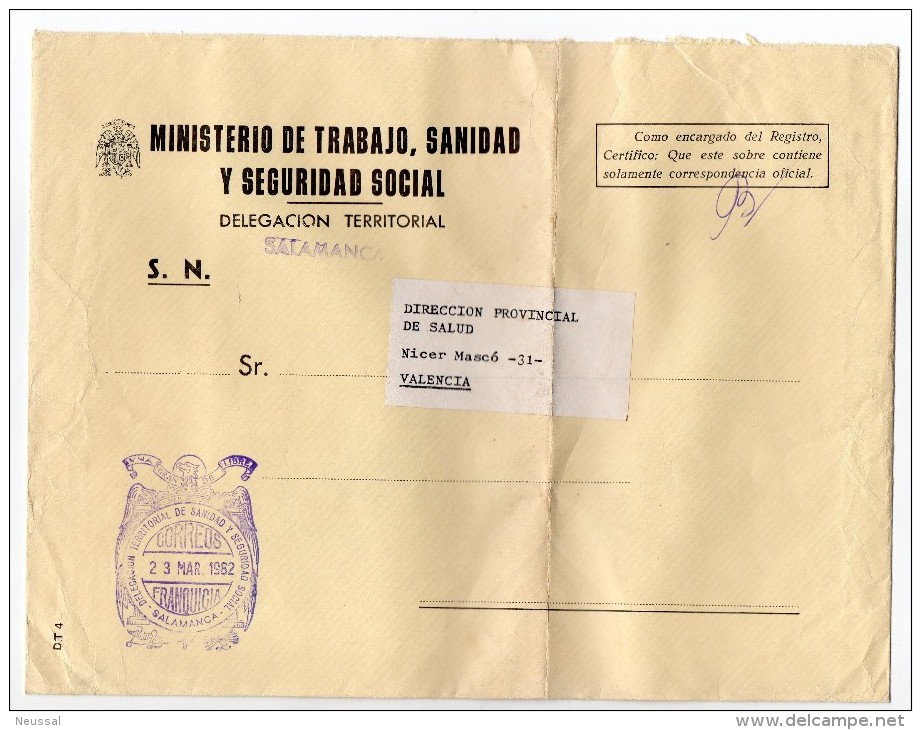 Carta Con Matasello Delegacion Territorial De Sanidad Y Seguridad Social. (salamanca) - Vrijstelling Van Portkosten