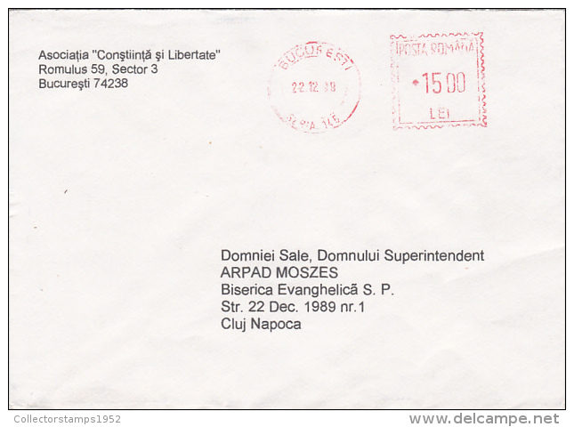 R57895- AMOUNT 1500, BUCHAREST, RED MACHINE STAMPS ON COVER, 1999, ROMANIA - Lettres & Documents