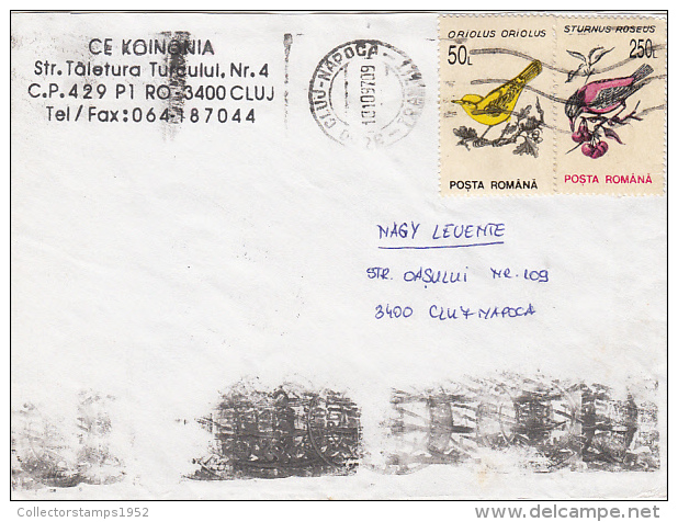 R57904- ORIOLE AND ROSY STARLING BIRD, STAMPS ON COVER, 1997, ROMANIA - Cartas & Documentos