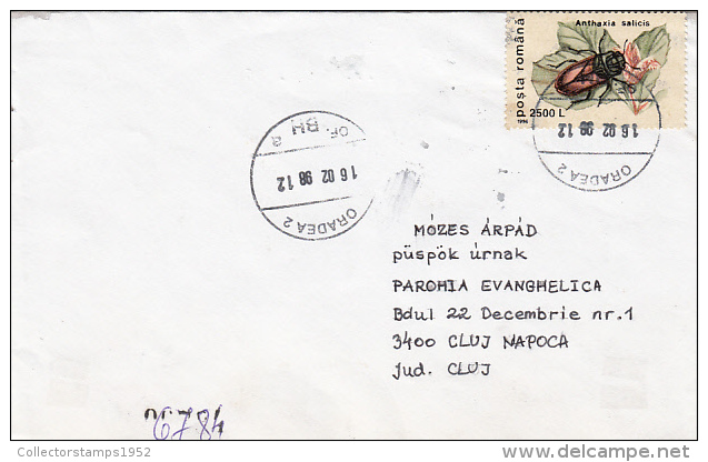 R57911- BEETLE, STAMPS ON REGISTERED COVER, 1998, ROMANIA - Cartas & Documentos