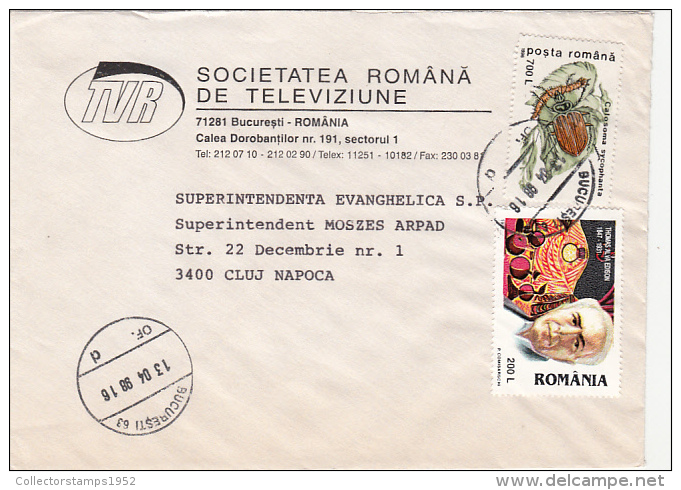 R57912- BEETLE, T.A. EDISON, STAMPS ON COVER, NATIONAL TELEVISION HEADER, 1998, ROMANIA - Lettres & Documents