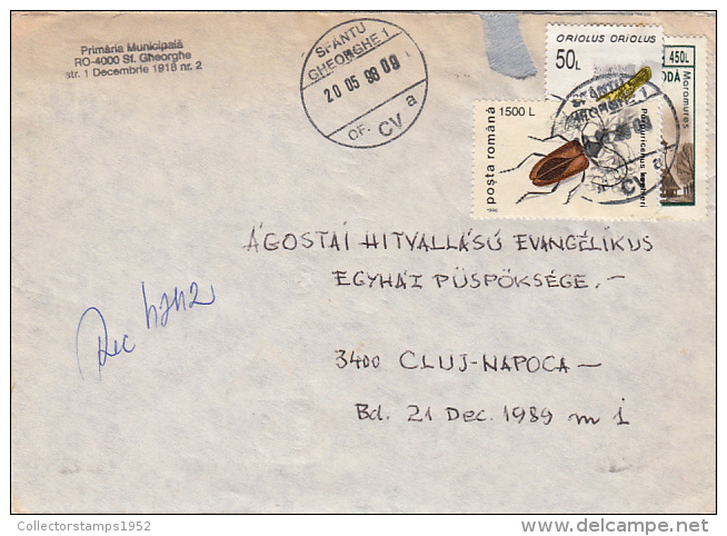 R57916- BEETLE, ORIOLE BIRD,  MARA MURES WOODEN CHURS, OVERLAPPING STAMPS ON REGISTERED COVER, 1998, ROMANIA - Cartas & Documentos