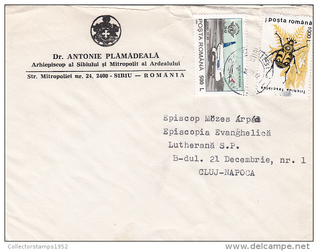 R57929- BEETLE, PLANE, STAMPS ON COVER, BISHOP OFFICE HEADER, 1999, ROMANIA - Cartas & Documentos