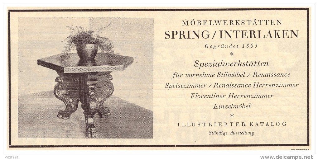 Original Werbung - 1926 -  Möbelwerkstatt Spring In Interlaken , Möbel , Schreiner , Uhr !!! - Autres & Non Classés