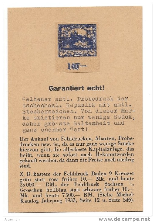 11382 - Seltener Amtl. Probedruck Der Tschechosl. Republik Mit Amtl. Stecherzeichen - Probe- Und Nachdrucke