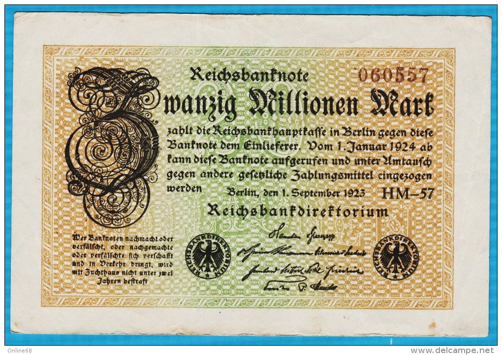 DEUTSCHES REICH 20 MILLIONEN MARK 1.09.1923  P#108d  ALPHA HM-57 - 20 Mio. Mark