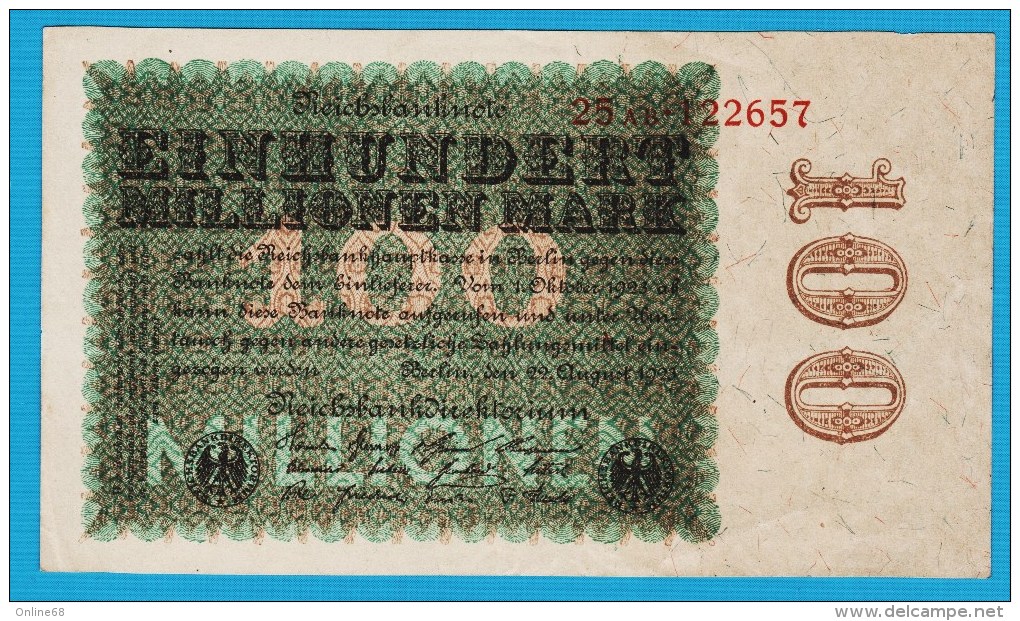 DEUTSCHES REICH 100 MILLIONEN MARK 22.08.1923  # 25AB.122657  P# 107a - 100 Miljoen Mark