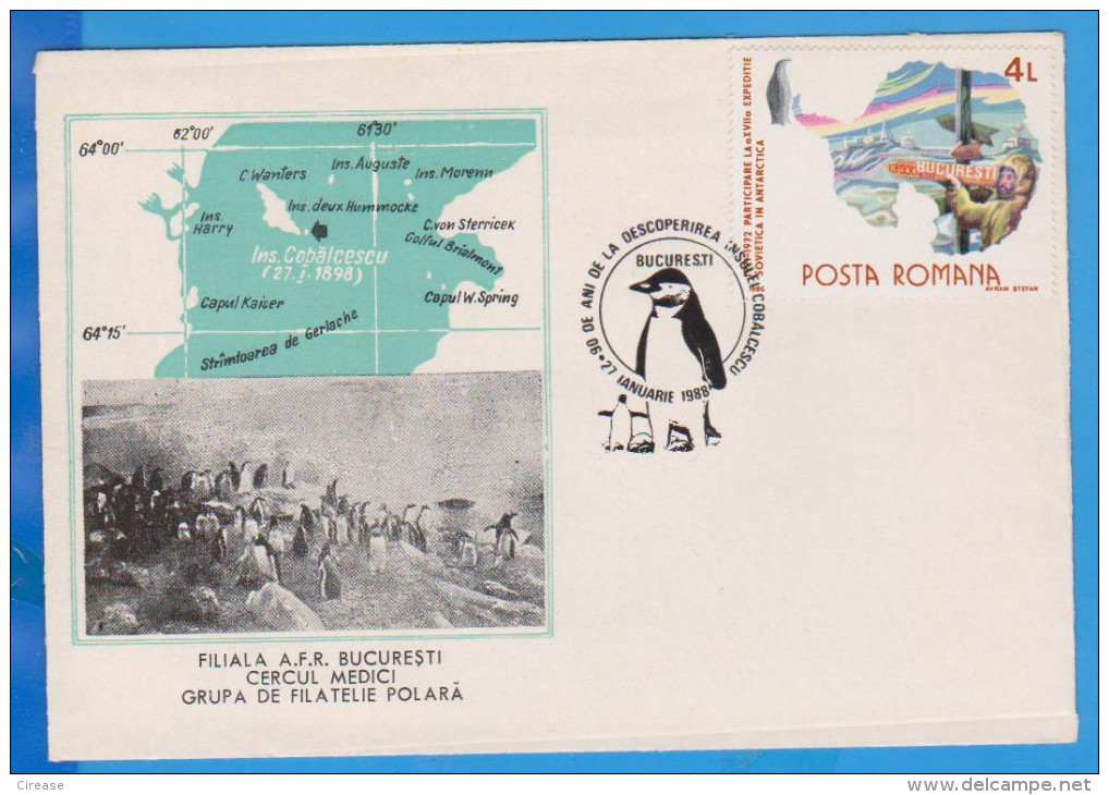 Cobalescou Island, Antarctica The South Pole Map, Penguins Romania Cover 1988 - Andere & Zonder Classificatie