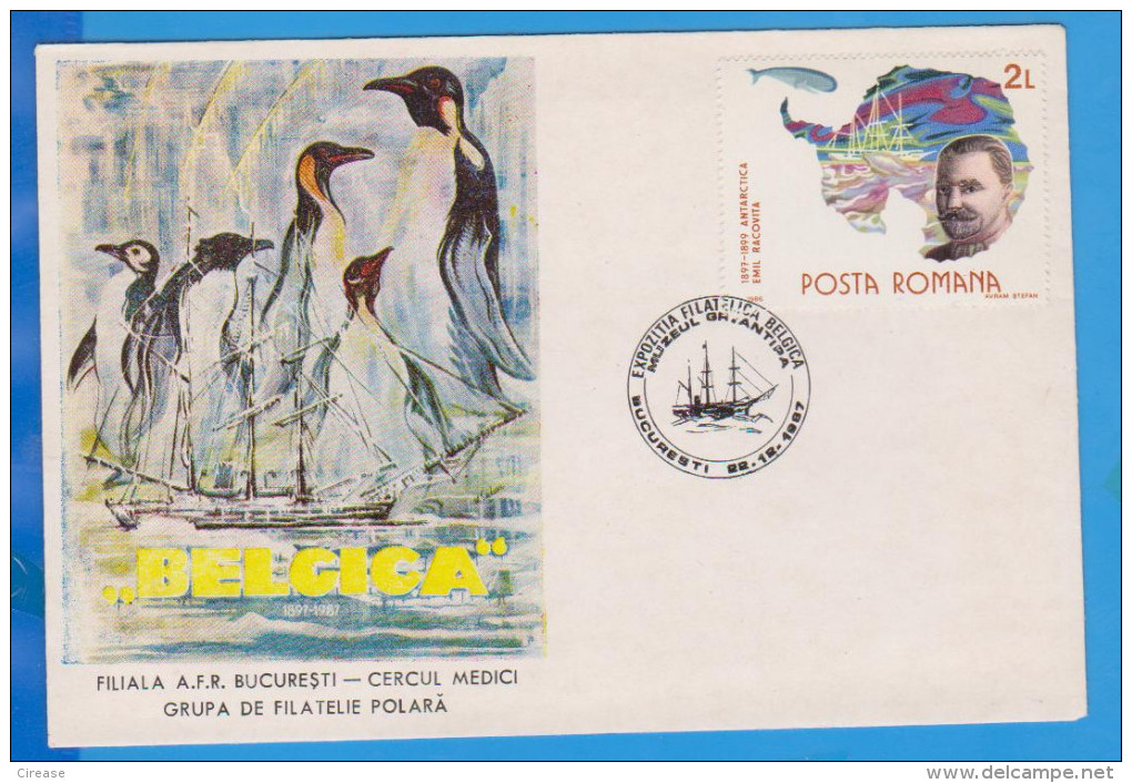 Explorer Emil Racovita Belgica Expedition Antarctica The South, Penguins Romania Cover 1987 - Polar Explorers & Famous People