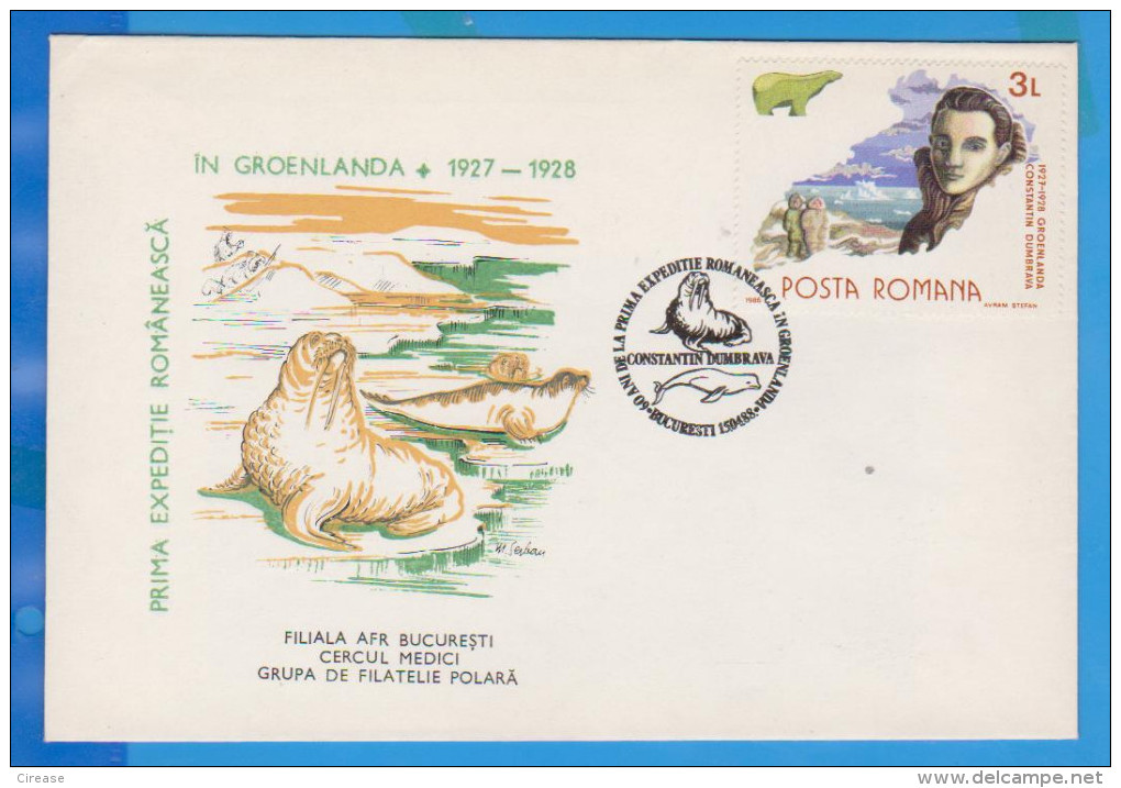 Romanian First Expedition In Greenland Constantin Dumbrava Seals Romania Cover 1988 - Explorateurs & Célébrités Polaires