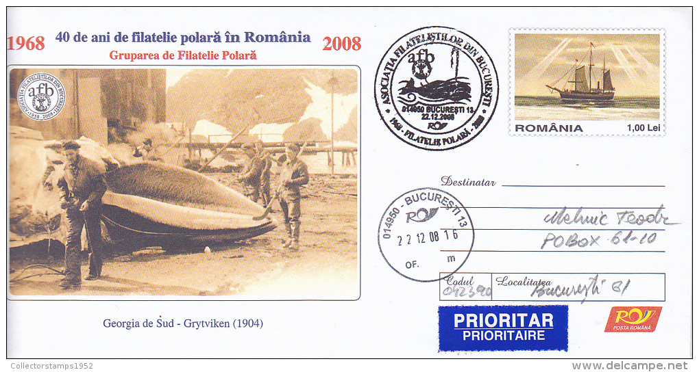 FM3957 WHALES HUNTING IN GRYTVIKEN POSTAL STATIONERY CONCORDANTE ROMANIA 2008 - Baleines