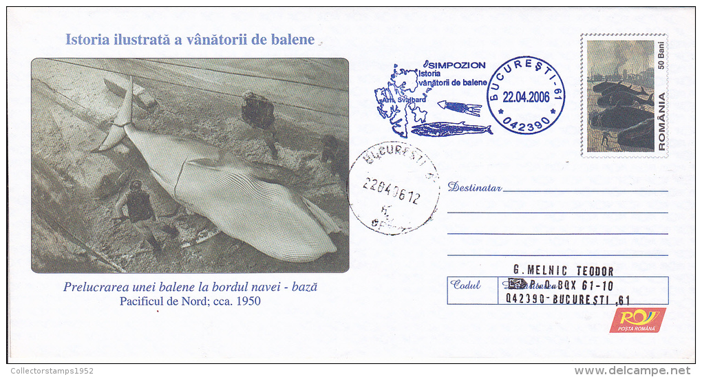 FM3959 WHALES HUNTING IN NORTH PACIFIC POSTAL STATIONERY CONCORDANTE ROMANIA 2006 - Baleines