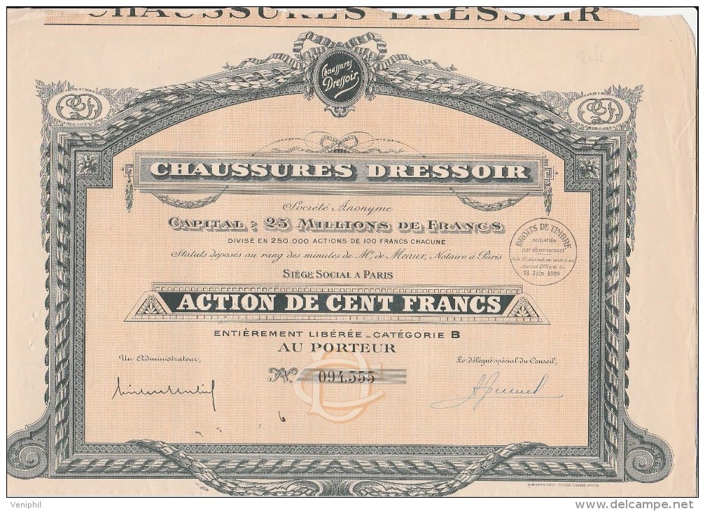 ACTION DE CENT FRANCS - CHAUSSURES DRESSOIR  -  1928 - Industrie