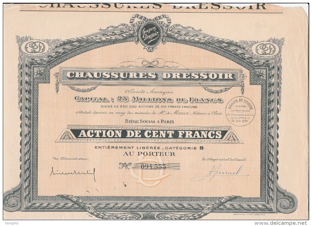 ACTION DE CENT FRANCS - CHAUSSURES DRESSOIR  -  1928 - Industrial