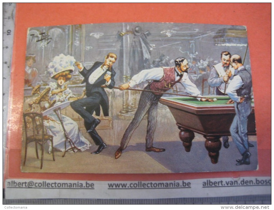 6 Cards Complete Set Anno 1911 VG  Arthur Thiele, Poststamped Postcards, Comic Pool Biliard Billiards Biljart Game Poole - Humour