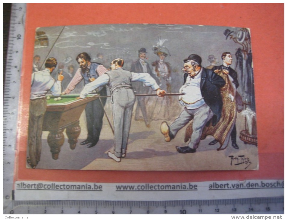 6 cards complete set anno 1911 VG  Arthur Thiele, poststamped postcards, Comic Pool Biliard Billiards Biljart Game poole