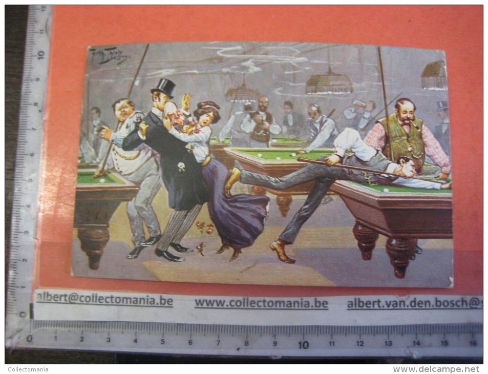 6 cards complete set anno 1911 VG  Arthur Thiele, poststamped postcards, Comic Pool Biliard Billiards Biljart Game poole