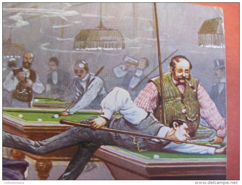 6 cards complete set anno 1911 VG  Arthur Thiele, poststamped postcards, Comic Pool Biliard Billiards Biljart Game poole