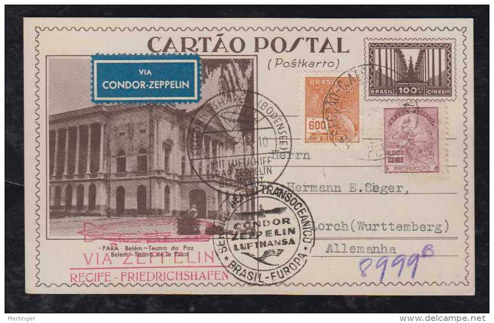 Brazil 1934 BP123 Used Uprated ZEPPELIN To Germany - Postwaardestukken