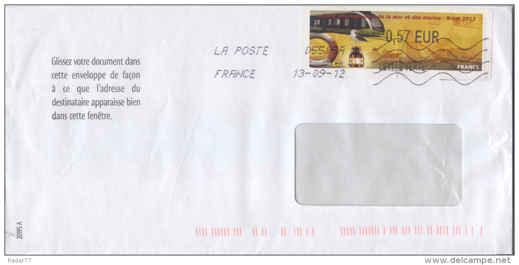 LISA 2 (ATM) ***0,57 EUR LETTRE VERTE Sur Papier Fête De La Mer Et Des Marins - Brest 2012 Sur Lettre - 2010-... Vignettes Illustrées