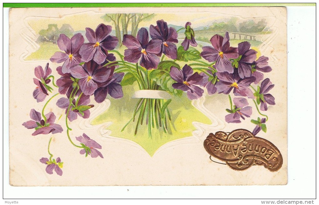 CPA-FANTAISIE-1912-1 BOUQUET DE VIOLETTES EN RELIEF-BONNE ANNEE COLLE A L'ENVERS - Autres & Non Classés