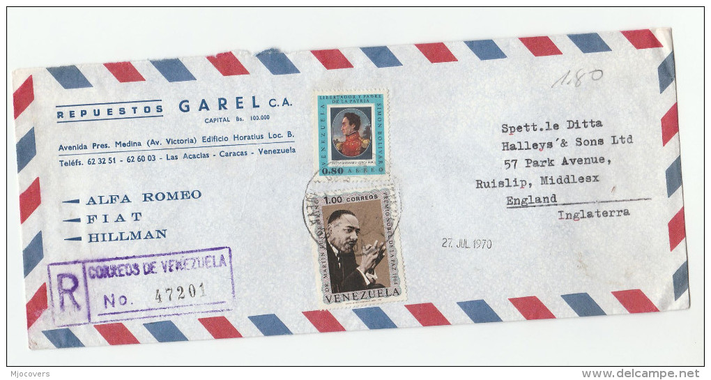 1970 REGISTERED Air Mail COVER VENEZUELA  Stamps 1.00 MARTIN LUTHER KING  0.80 - Martin Luther King