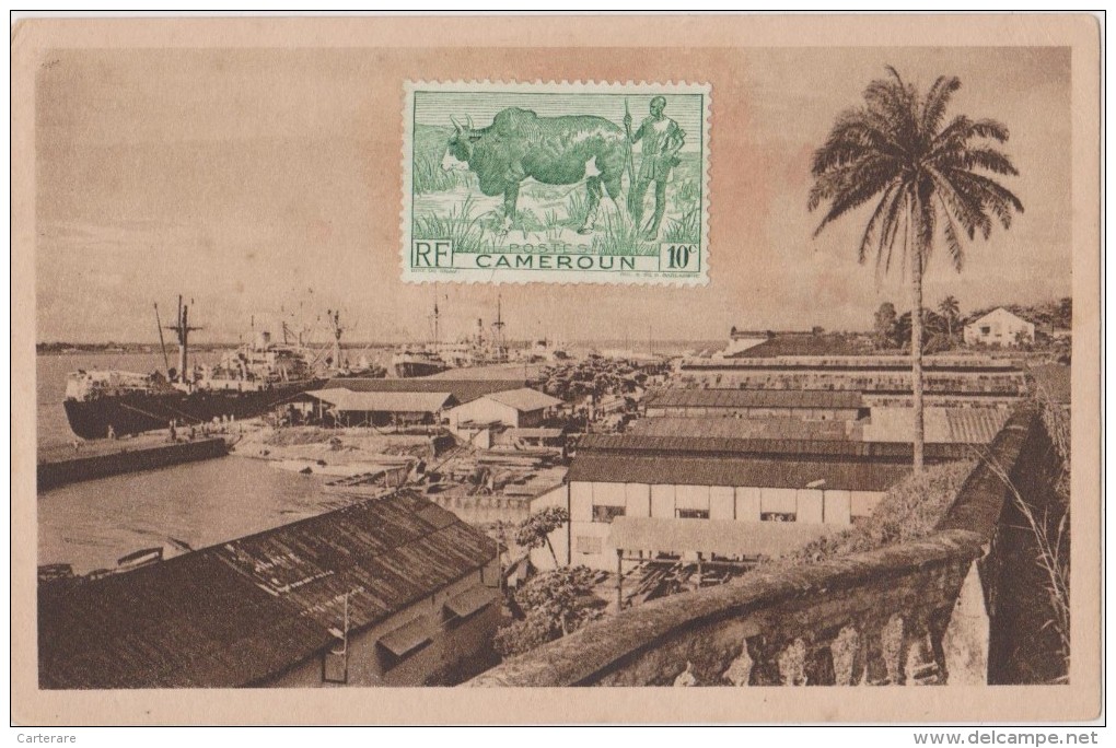 CAMEROUN,CAMEROON,DOUARA, WOURI,PORT,BATEAU FRANCAIS,COLONIE,CARTE AVEC TIMBRE,photo Goethe - Camerun