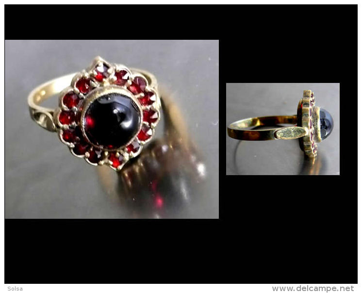 - Ancienne Bague Empire Hongrois Vermeil Et Grenats T55 / Old Gold-platted Silver And Garnet Ring From Hungarian Empire - Anelli