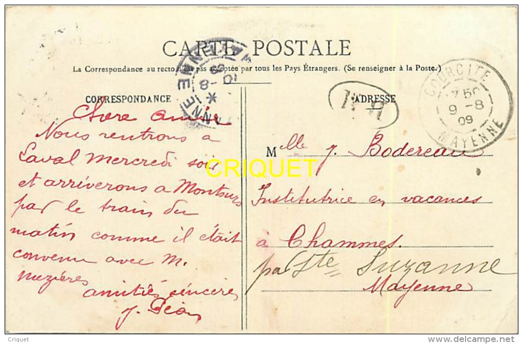 Cpa 72 Courcité, Bas Du Bourg, L'Abreuvoir, Carte Pas Courante Affranchie 1909 Et Cachet Ovale - Autres & Non Classés