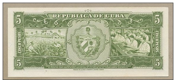 Cuba - 5 Pesos  1960  P91c  Uncirculated  ( Banknotes ) - Cuba