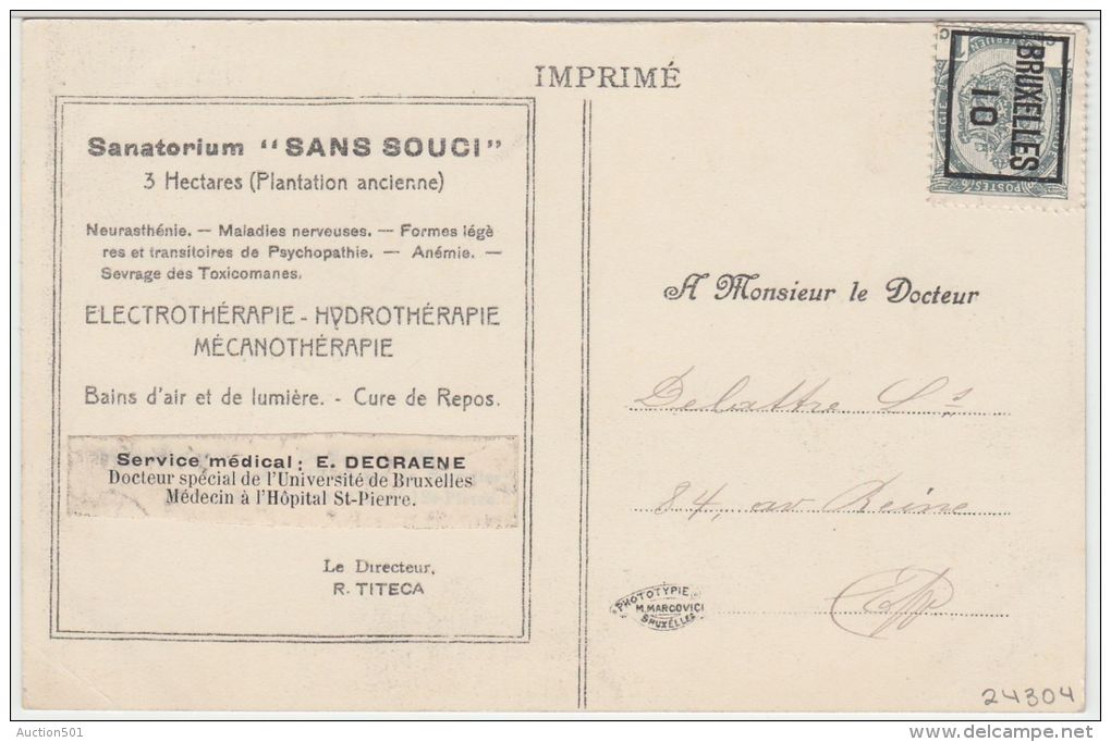 24304g SANATORIUM SANS SOUCI - MALADIES NERVEUSES - ELECTROTHERAPIE HYDROTHERAPIE MECANOTHERAPIE - E. DECRAENE MEDECIN - Jette