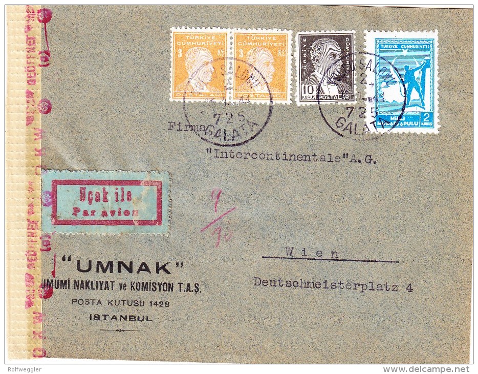 Türkei - Zensur Flug Brief 15.1.1944 Galata Nach Wien - Covers & Documents