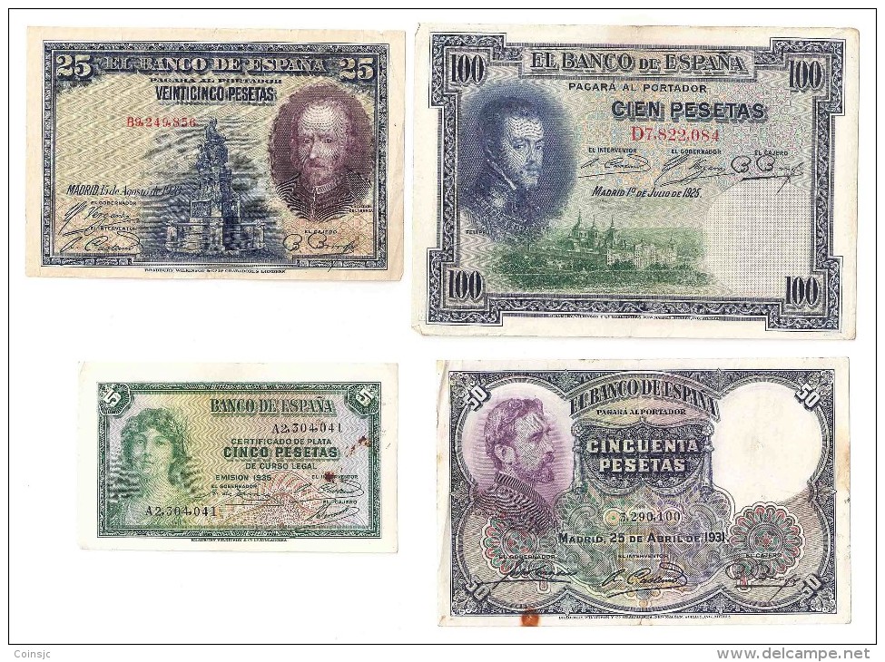 ESPAÑA - 4 Billetes - 100 Pts-50 Pts-25 Pts-5 Pts - Autres & Non Classés