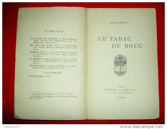 Le Tabac Du Bouc  Régis Gignoux  1921  Nouvelles - 1901-1940