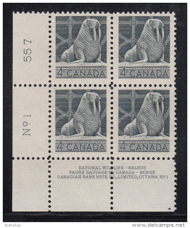 Canada MNH Scott #335 4c Walrus - Plate No.1, Lower Left - Plate Number & Inscriptions