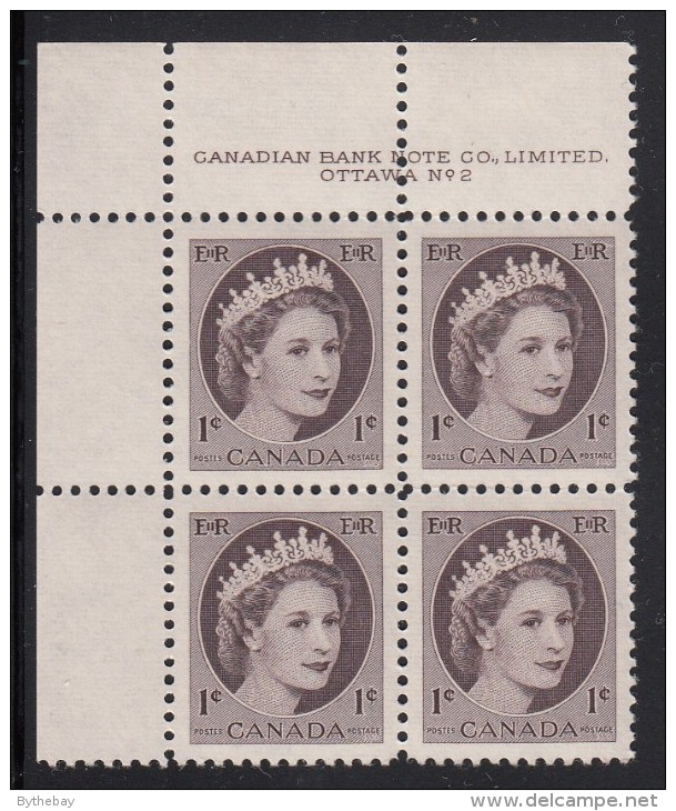 Canada MNH Scott #337 1c Queen Elizabeth II - Wildling Portrait - Plate No.2, Upper Left - Num. Planches & Inscriptions Marge