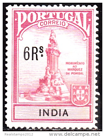 ÍNDIA -1925, (IMP. POSTAL) Monumento Ao Marquês De Pombal. 6 R. (MONUMENTO)  (*) MNG  Afinsa  Nº 5 - Portuguese India