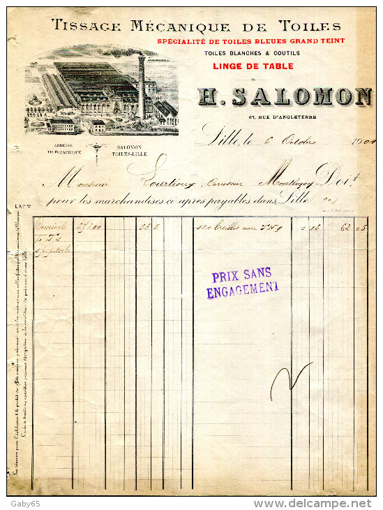 59.NORD.LILLE.TISSAGE MECANIQUE DE TOILES.H.SALOMON 67 RUE D'ANGLETERRE. - Textile & Vestimentaire