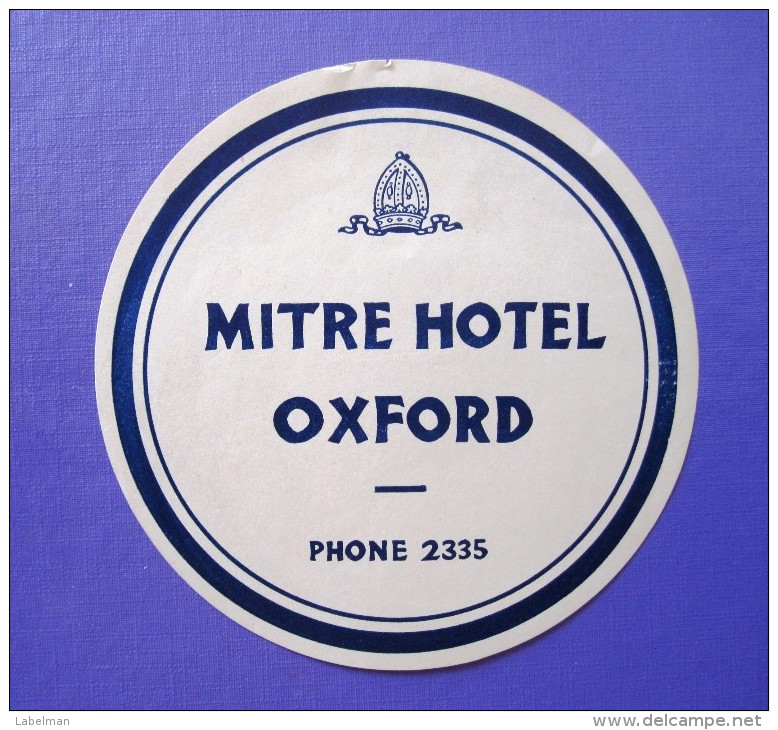 HOTEL PENSION MOTOR MITRE OXFORD UK ENGLAND GREAT BRITAIN STICKER DECAL LUGGAGE LABEL ETIQUETTE AUFKLEBER - Hotel Labels