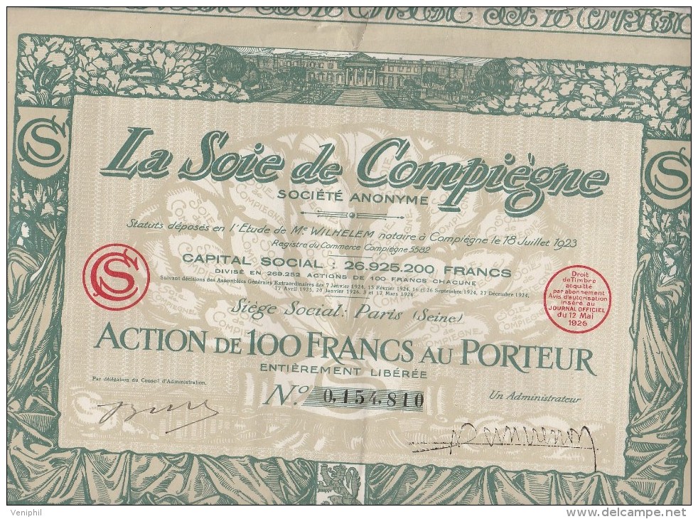 LA SOIE DE COMPIEGNE - ACTION DE 100 FRANCS -1926 - Tessili