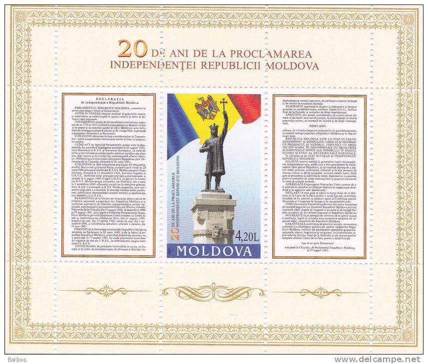 Moldova ;  Moldavie ; Moldawien ; Moldau , 20 Years Of Independence , 2011 ,  Flag ; Monument Of Stefan Cel Mare ;  MNH - Moldavia