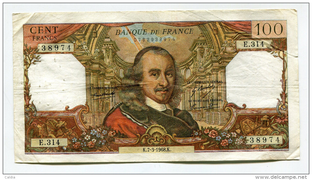 P France 100 Francs "" CORNEILLE "" 7 - 3 - 1968 # 2 - 100 F 1964-1979 ''Corneille''