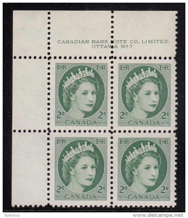 Canada MNH Scott #338 2c Queen Elizabeth II - Wildling Portrait - Plate #7, Upper Left - Num. Planches & Inscriptions Marge