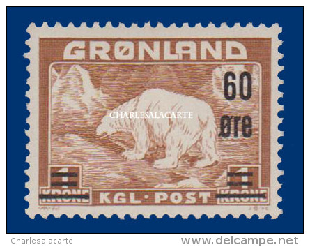 GREENLAND 1956 POLAR BEAR BROWN SURCHARGE   U.M. N.S.C. FACIT 38 - Neufs