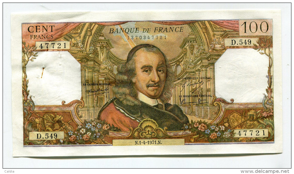 P France 100 Francs "" CORNEILLE "" 1 - 4 - 1971  # 7 - 100 F 1964-1979 ''Corneille''